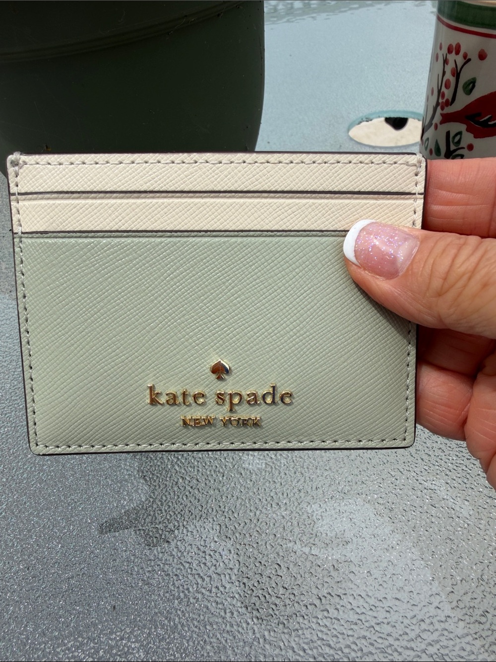 kate spade Two-Tone Saffiano Card Holder in Sage Green and Cream - Picture 2 of 5